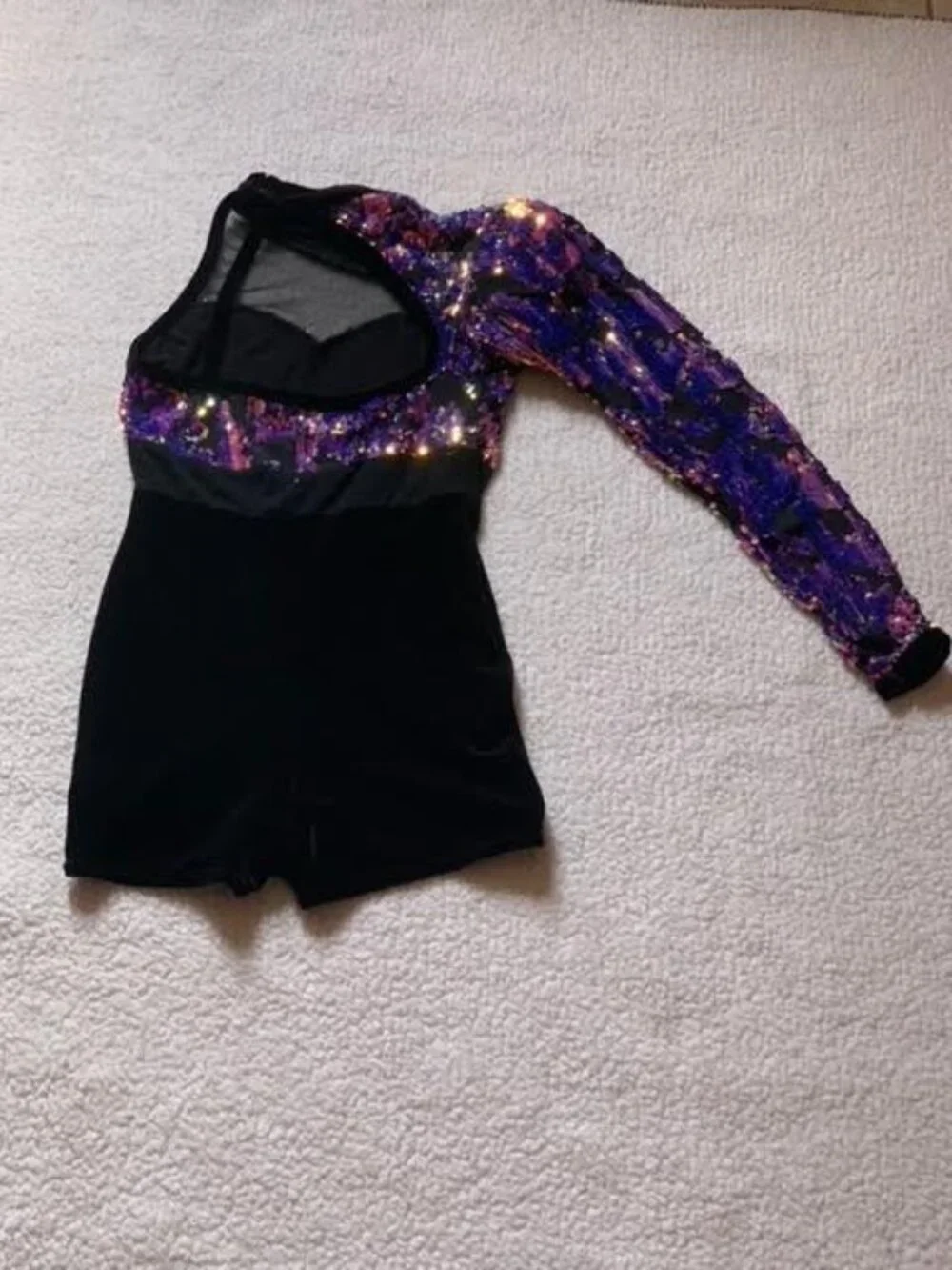 Black one-piece dance costume with holographic sequence